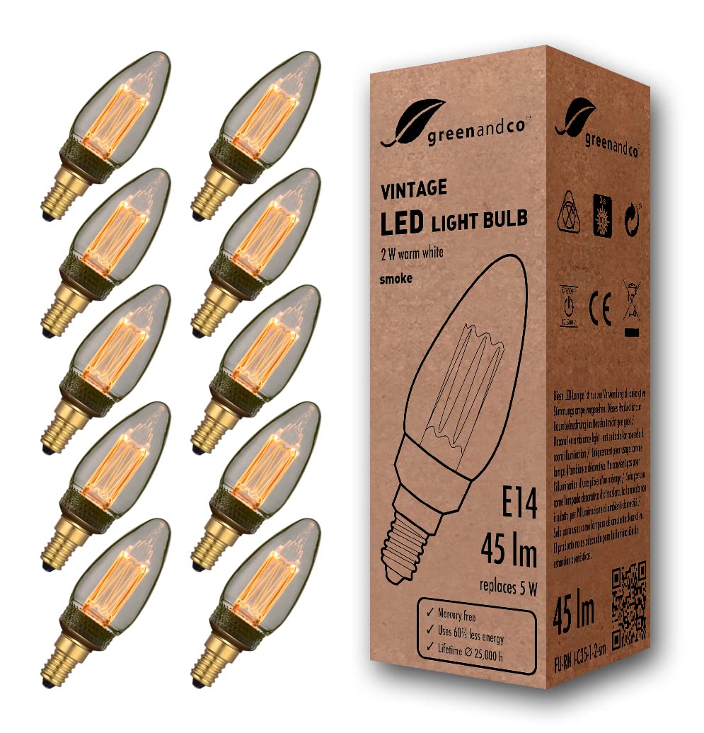 greenandco 10x Decorative LED Vintage Light Bulb | E14 C35 | Smoke | 2W 45lm | 1800K Extra Warm White | 320° | 230V | Flicker Free | Not Dimmable — image 1