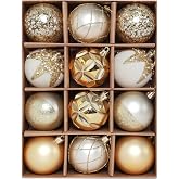 HipTree 12ct White Gold Velvet Baubles for Christmas Tree Decorations | Shatterproof Luxury Vintage 3.14 In Flocked Hanging Ornament,Bulk Holiday Decor Desktop Fireplace Xmas Party Indoor