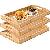 Geytetqi 3 PCS Bamboo Serving Tray, Breakfast Bed Tray with Handle, 15 x 10 x 2 Inch Wood Serving Tray for Serving, Breakfast Bed Trays for Eating, Decor, Displaying Cake, Fruit