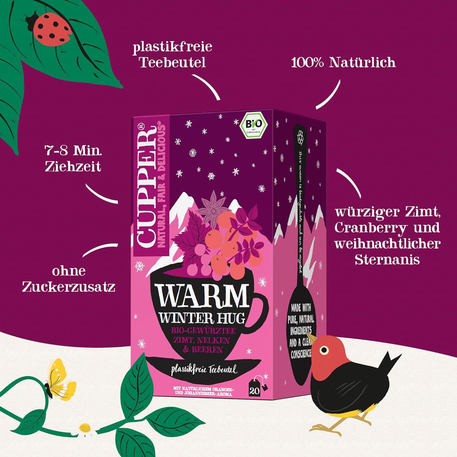 Cupper Bio Tee Set "Wintertees", Tee Geschenkset, Früchtetee, Kräutertee, drei verschiedene Sorten, 60 ungebleichte, plastikfreie Teebeutel, 3er Pack 3