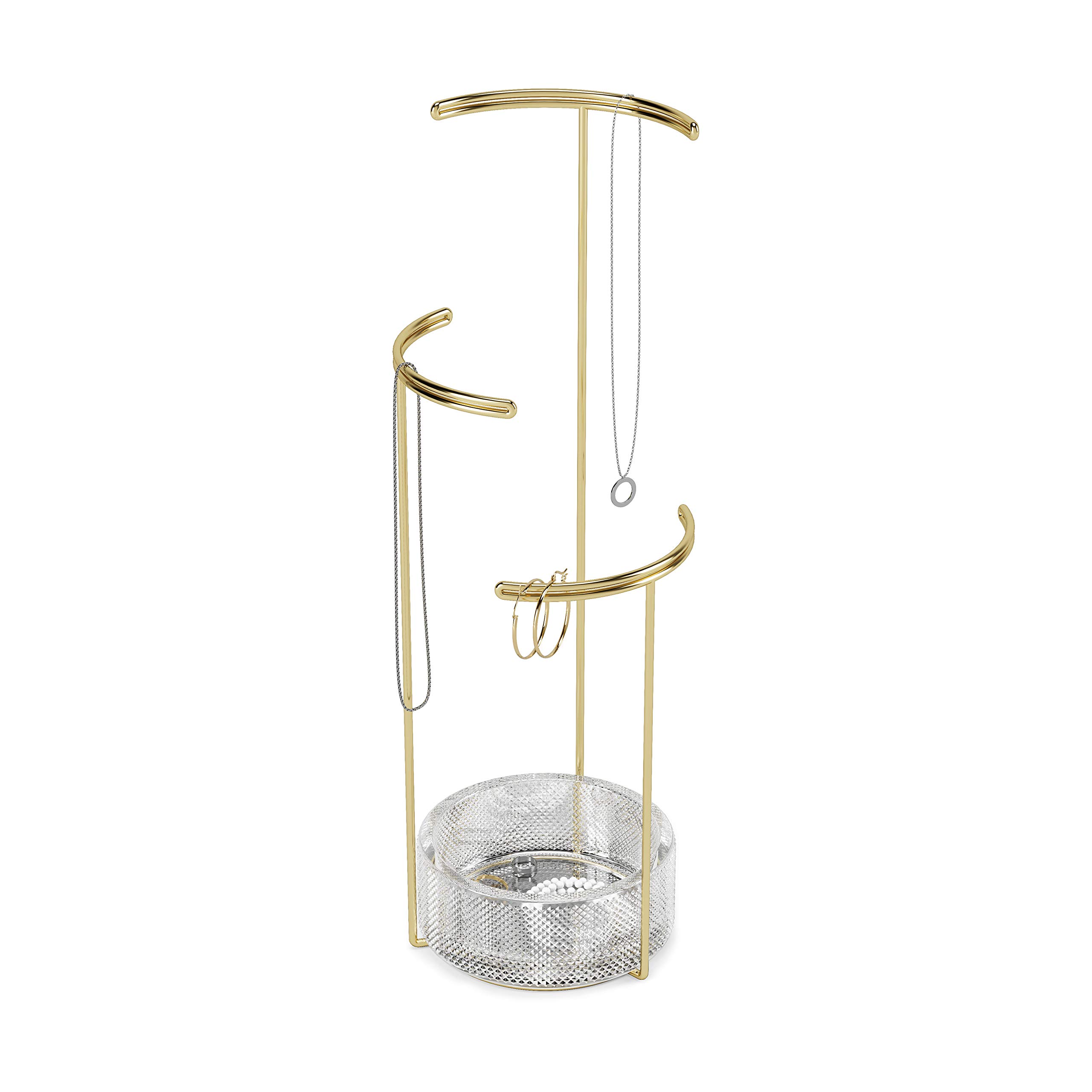 Umbra Tesora Jewelry Stand, Necklace and Earring Holder, Accessory Organizer Display with Glass Dish, Brass