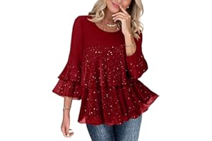 Oplxuo Womens Sparkly Tops Dressy 3/4 Sleeve Tiered Ruffles Tunic Top Elegant Evening Mesh Flowy Blouse Crewneck Shirts