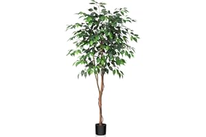 Kazeila 5 Feet Artificial Ficus Tree - Fake Silk Plants with Lifelike Leaves and Natural Wood Trunk - Faux Potted Tree for Indoor Home Decor