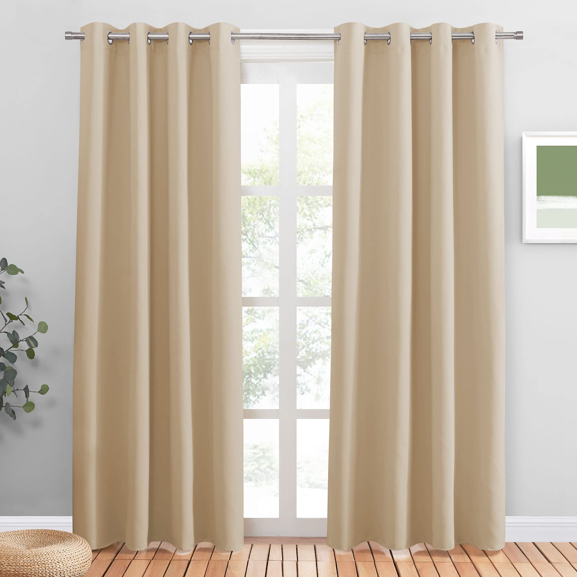 PONY DANCE Beige Thermal Window Curtains - Decorative Window Treatment Top Ring Energy Saving Curtain Panels for Room Darkening & Noise Reduicing, 2 Pieces, 55" Width by 79 in Length, Biscotti Beige