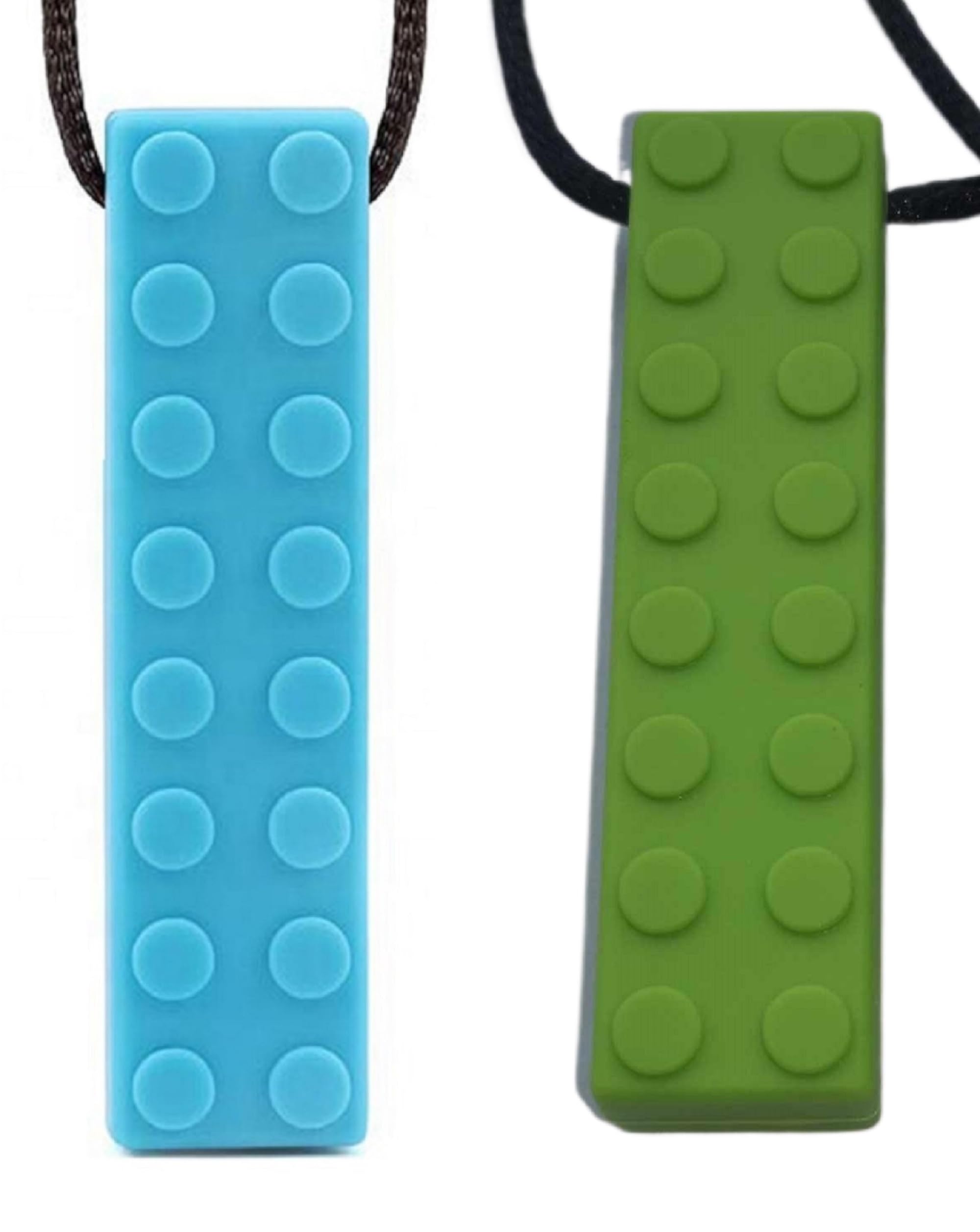 Chew Necklace Chewelry Sensory Discreet Chewlery for Adults, Teens or Kids, Autism Chew ADHD, Stim Chew Bite or Fidget Chewy Aids Help Concentration Biting Brick 2 Pack (Blue & Green)
