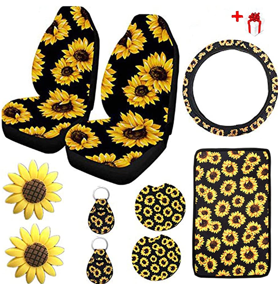 Photo 1 of 10PCS Sunflower Accessories for Car Wheel Cover,2PCS Front Seat Covers Sunflower Gifts for Women,Pattern Center Pad,Cup Holder Coaster Keyring Car Vent Coaster,Universal for Auto Truck SUV