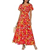 BTFBM Womens Spring 2026 Casual Maxi Dresses Short Sleeve Smocked Tiered Floral Boho Long Beach Dress with Pockets