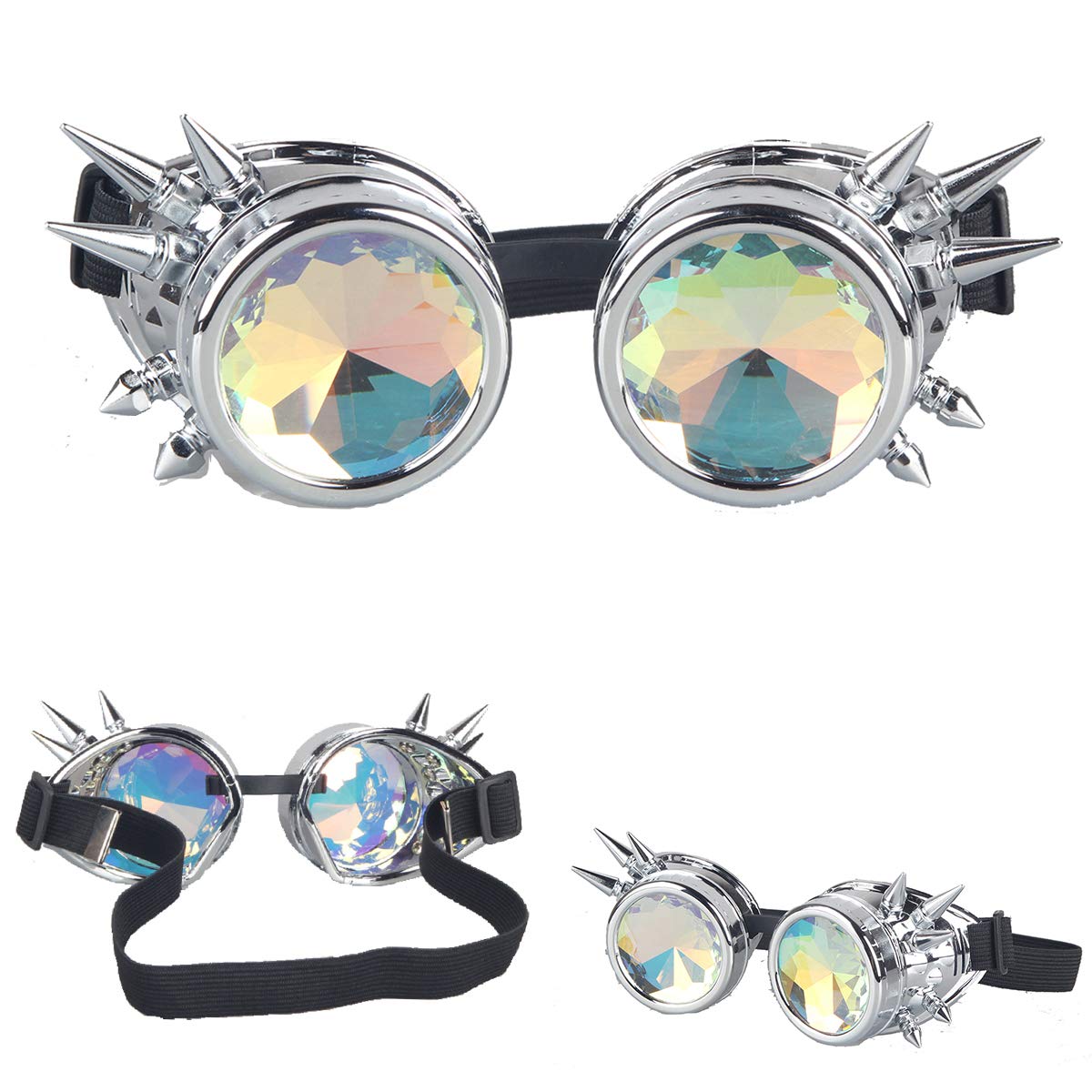 DODOING Kaleidoscope Goggles Steampunk Rave Glasses Goggles Crystal Rainbow Kaleidoscope Rave Glasses Rainbow Crystal Glass Lens