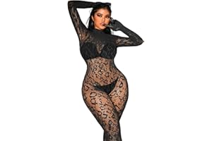 EHSUYAB Sexy Lace Leopard Jumpsuit For Women, Fishnet Bodysuit Glow Party Club, Poster One Piece Mesh Full Body Rave Outfits