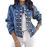 CHICME Denim Jacket for Women Button Up Stand Collar Jeans Jacket Casual Long Sleeve Lightweight Fall Coat
