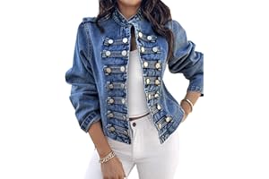 CHICME Denim Jacket for Women Button Up Stand Collar Jeans Jacket Casual Long Sleeve Lightweight Fall Coat