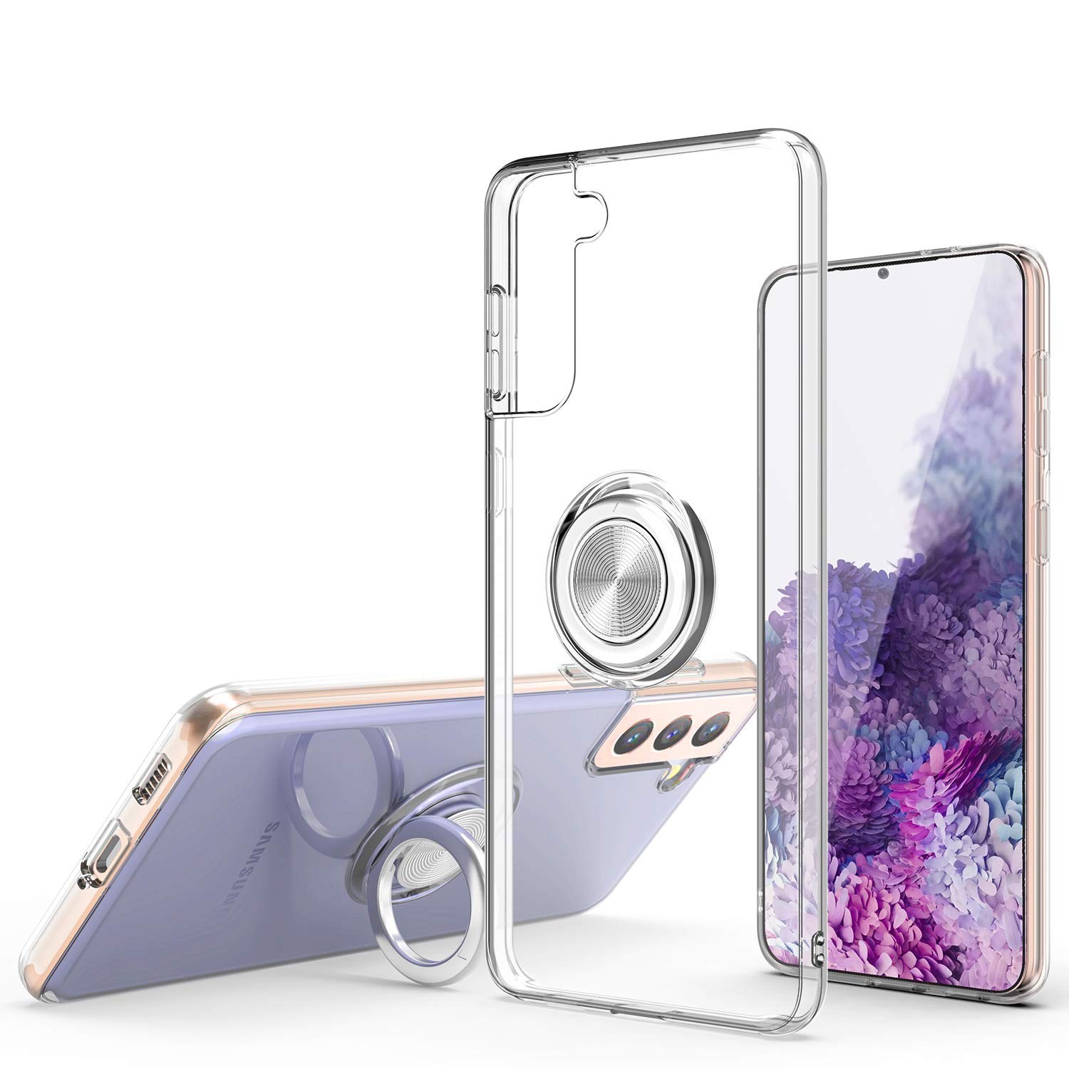 Galaxy S21+ Plus Case, Clear Body Soft TPU Shockproof Case with 360 Degree Rotation Ring Kickstand(Work with Magnetic Car Mount) for Samsung Galaxy S21+ Plus,Clear