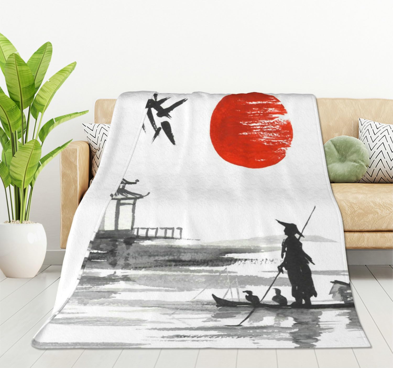 HGOD DESIGNS Japan Traditional Japanese painting Man with boat Fleece Throw Blanket Ultra Soft Cozy Blooming Decorative Flannel Blanket All Season for Home Couch Bed Chair Travel 100x130cm