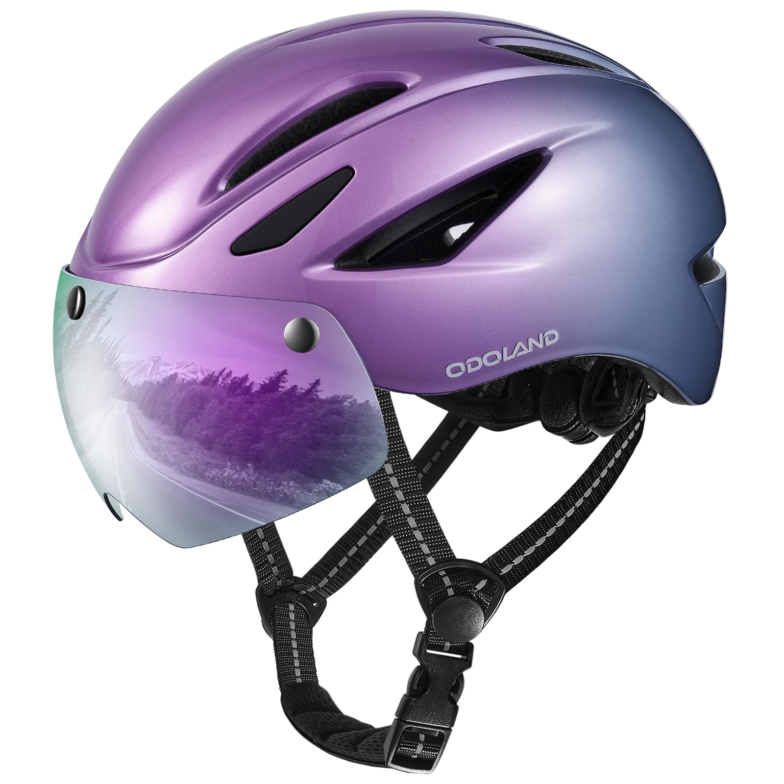 Odoland Adults Bike Helmet with Removable Magnetic Sun Visor, Adjustable Dial Fit Bicycle Cycling Helmet for Mountain Road Bike, Certified Lightweight MTB Ebike Helmet for Men Women,Gradient Purple Image