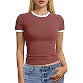 YUCOLEN Women's Short Sleeve Shirts Crew Neck Color Block T Shirt 2025 Summer Crop Tops Slim Fit Basic Tee Tops