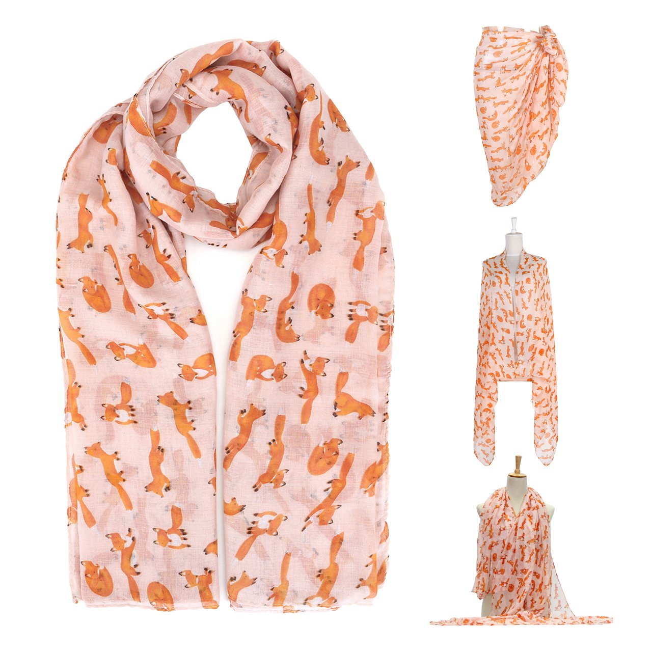 CHIC DIARY Women Versatile Voile Scarf Fox Print Shawl Wrap Lightweight Beach Cover Up (02-Pink)
