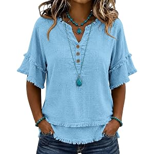 Fringe Linen Tops for Women 2026 Gauze 1/2 Sleeve Shirts Button V Neck Boho Beach Blouses Fringe Tops with Raw Hem