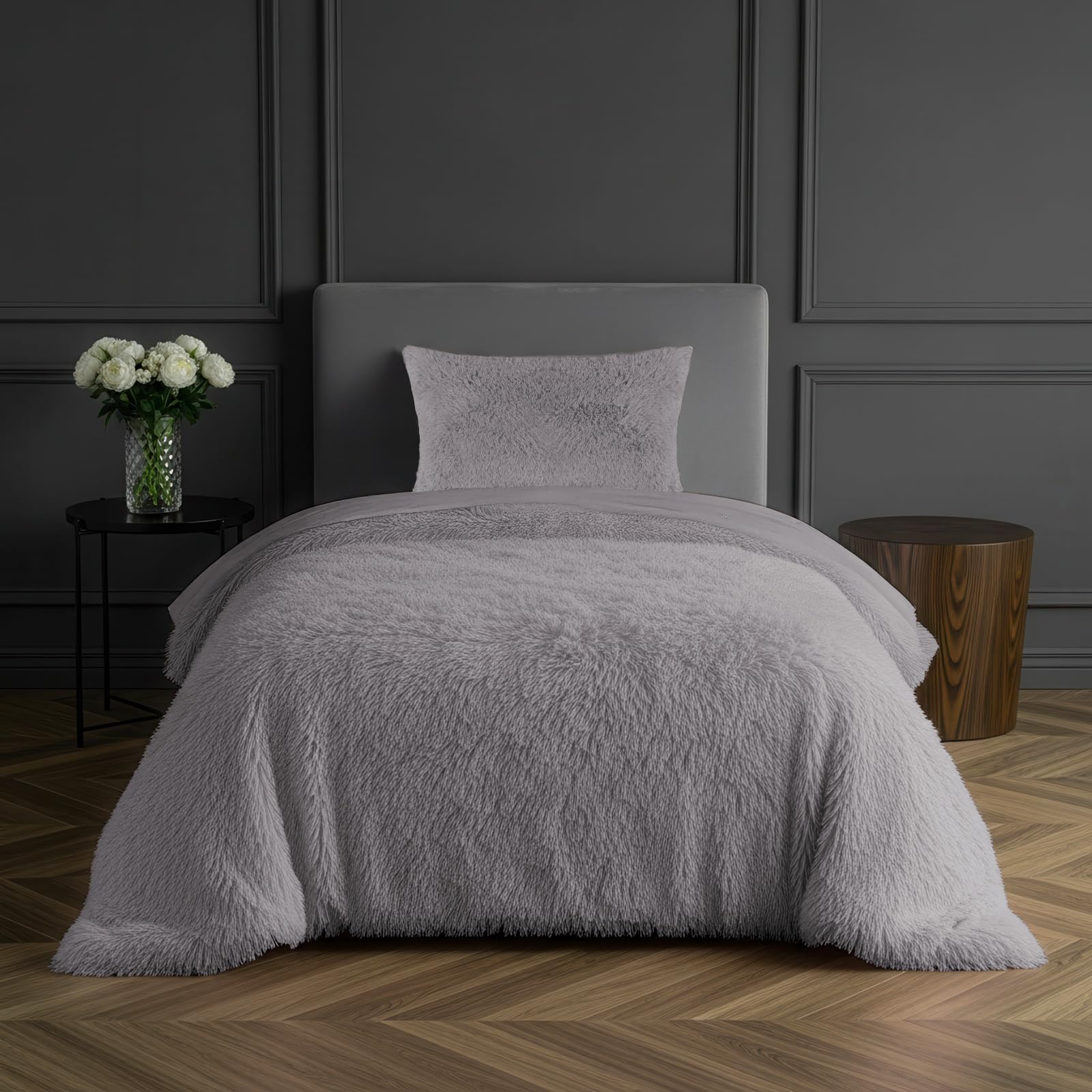 Sleepdown Fleece Luxury Long Pile Faux Fur Silver Super Soft Easy Care Duvet Cover Quilt Bedding Set with Pillowcase - Single (135cm x 200cm)