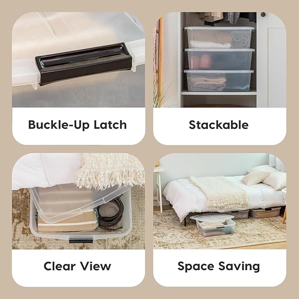 IRIS USA 33 QT PLASTIC UNDER BED STORAGE ORGANIZER BIN CONTAINER WITH SECURE LIDS AND DURABLE BLACK BUCKLES, MULTI-PURPOSE FOR CLOTHES, SHOES, CLOTHING, AND BEDDING, SHORT, CLEAR, 3 PACK