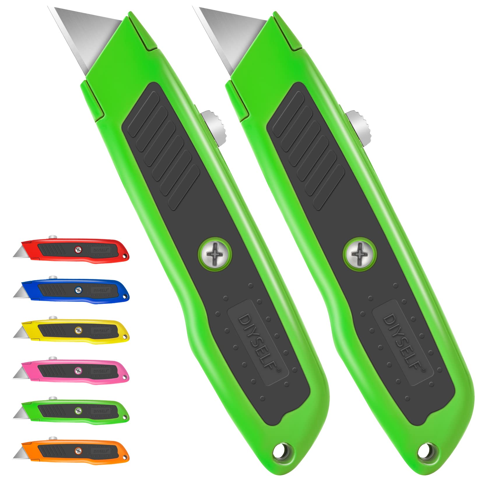 Photo 1 of DIYSELF 2 Pack Utility Knife, Box Cutter Retractable, Heavy Duty Small Box Knife Exacto Knife, Comfortable Aluminum Handle, Sharp Blade, Box Opener for Cardboard, Boxes, Carpet (Green)