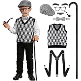 nezababy Kids 100 Days of School Costume for Boys, Old Man Costume Accessories for Kids Boys with Grandpa Vest Hat Outfit