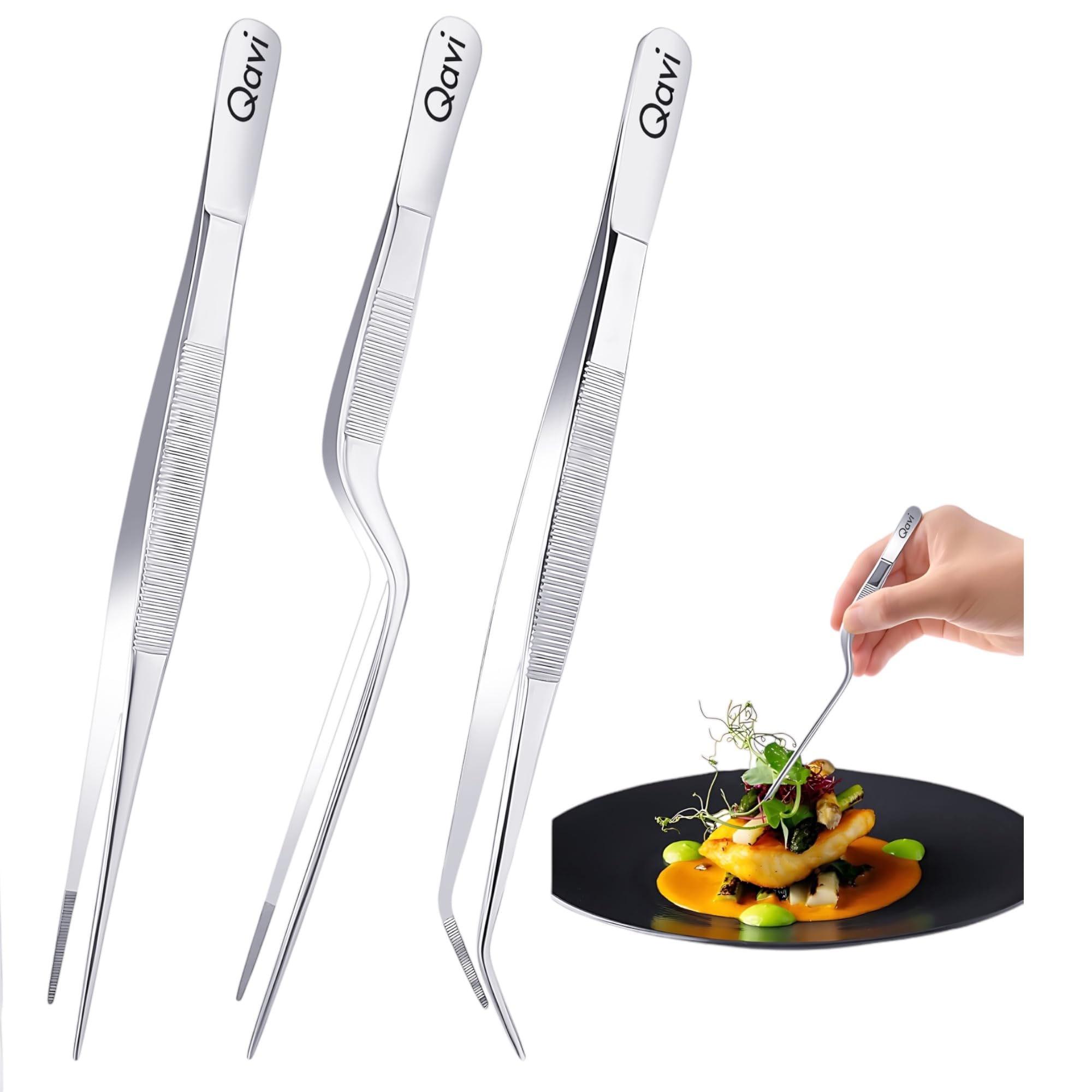 Professional Chef Plating Tweezers, 8-Inches Set of 3 (Straight, Curved and Offset), Precision Culinary Tongs, Hand Made from High-Grade Stainless Steel Polished | 20.5cm Silver