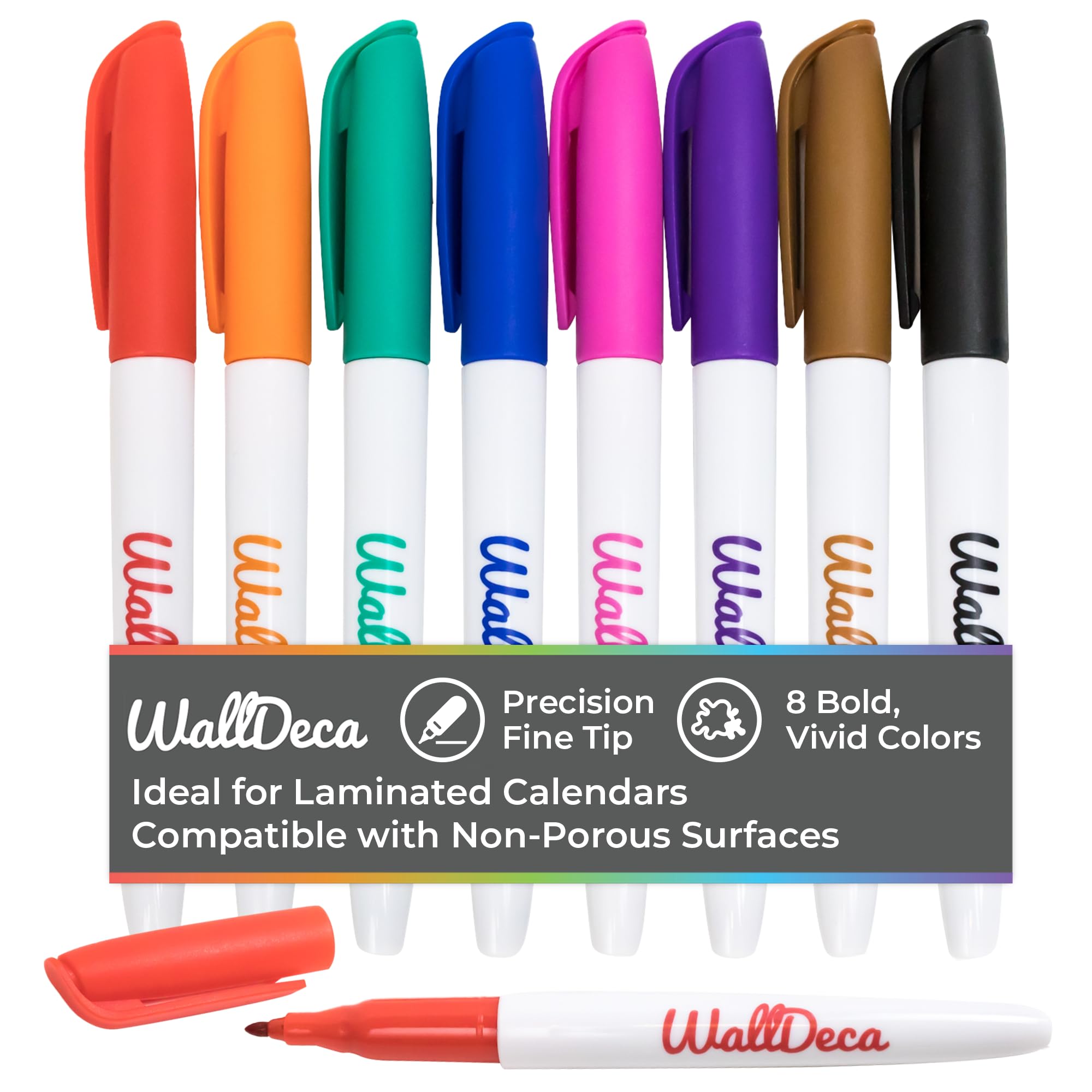 WallDeca Wet Erase Overhead Transparency Markers, Fine Point, Assorted Colors, 8-Count, Works for Laminated Calendars