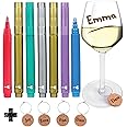 Vaci Markers Wine Glass Markers - 7 Pack | 7 Metallic Color Pens with 4 Wine Glass Charms | Washable & Erasable | Great for Parties, Baby Showers, Weddings or Any Occasions | For Adults
