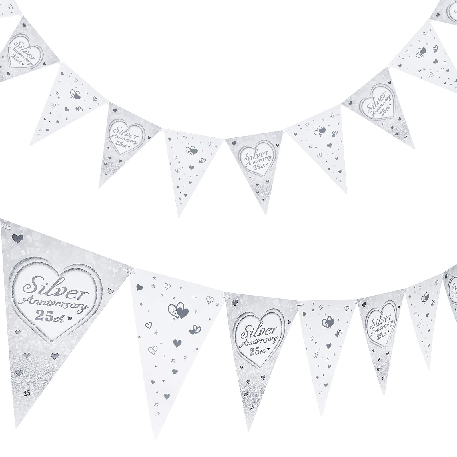 2-piece Triangle Flag Bunting Banner - Silver Anniversary Hanging Banner Heart Themed Decorations for 25th Anniversary & Valentine