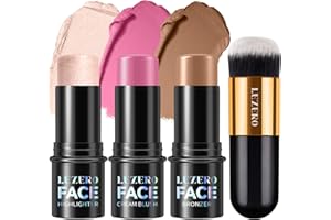 Lezero 3Pcs Contour Stick Makeup Kit, Shades with Highlighter, Blush and Bronzer Trio for Sculpt the Cheeks and Body, Longwear, Waterproof, Dewy & Matte Finish, #1 LIGHT FAIR (08,11,14)