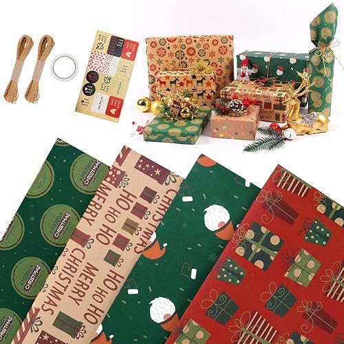 Christmas Wrapping Paper, 8Pcs Birthday Wrapping Paper Sheets Recyclable Gift Wrap with 2 Rope, 1 Double-Side Tap, 1 Sticker, Brown Xmas Wrapping Paper for Wedding Party Girls Boys(50 X 70cm)