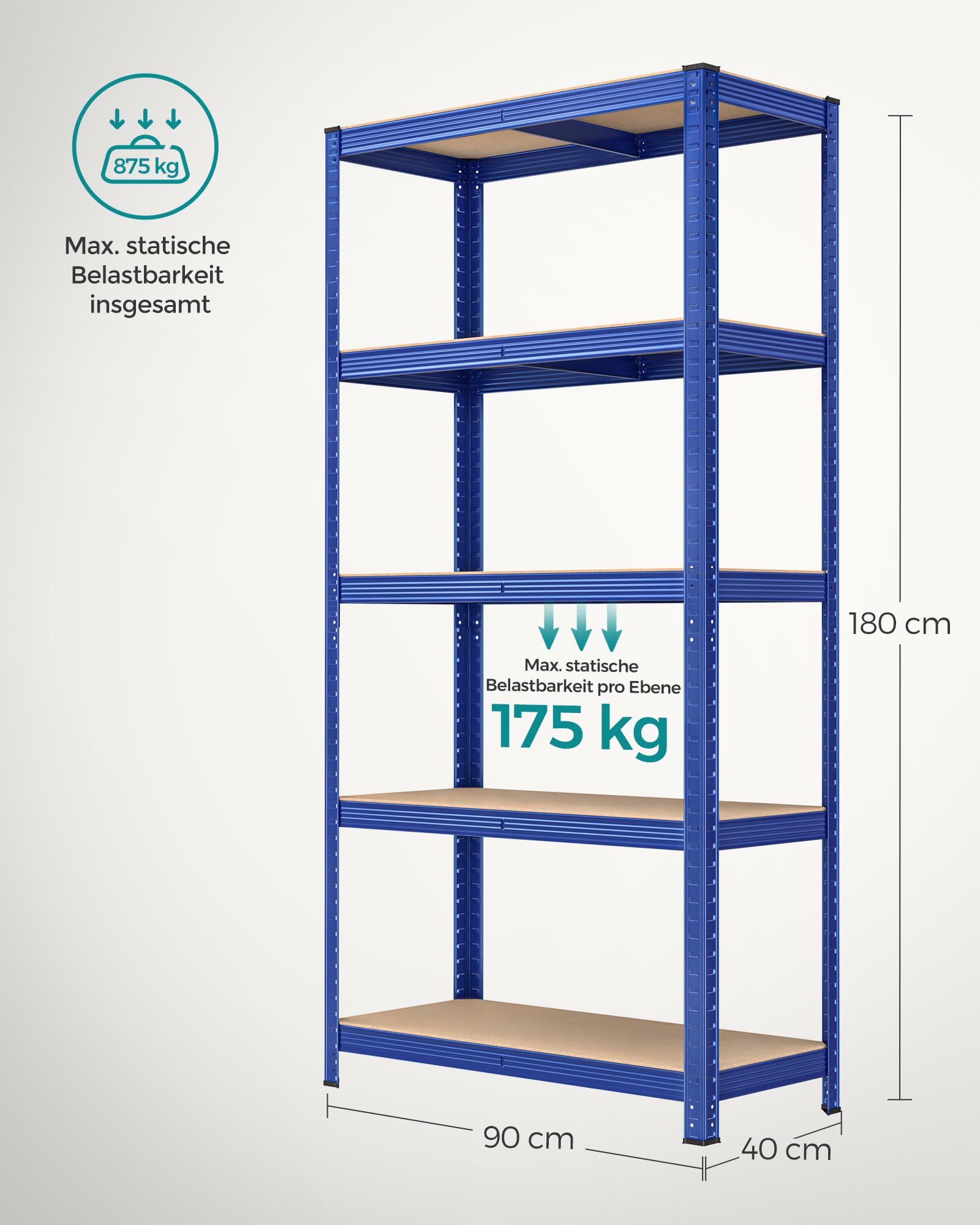 SONGMICS Schwerlastregal, 2er Set, Kellerregal, Lagerregal, 40 x 90 x 180 cm, Regal mit Stahlgestell, jeweils bis 875 kg belastbar, 5 verstellbare Ablagen, blau GLR040Q02 7