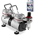 PointZero 1/3 HP Double Piston Airbrush Compressor with Regulator, Gauge and Water Trap - Quiet Professional Air Pump Silver