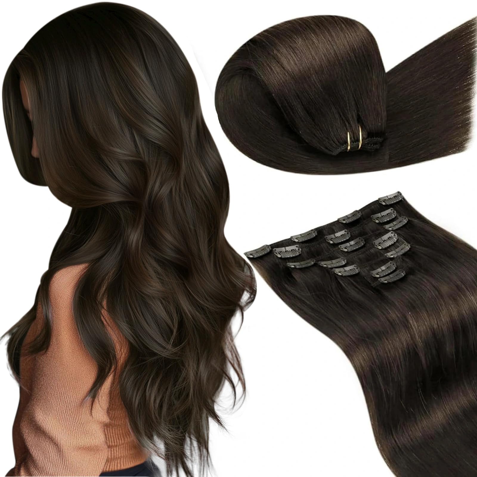 LaaVoo Clip in Hair Extensions Real Human Hair Dark Brown Hair Extensions Clip in 20 Inch 120g 7pcs Full Head Remy Straight Darkest Brown Hair Double Weft #2