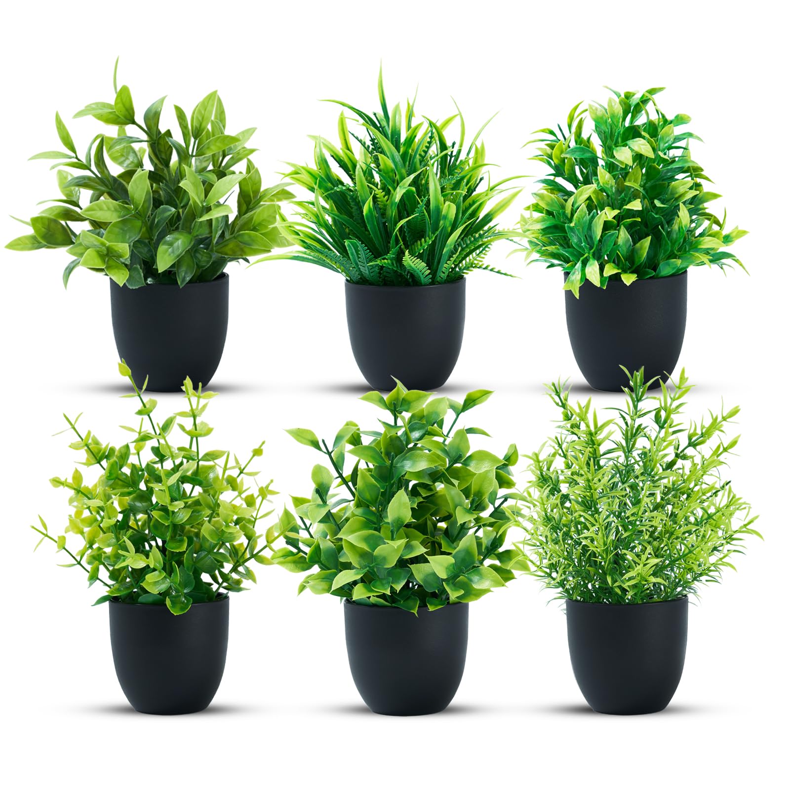 Laelfe 6 Packs Small Fake Plants in Black Pots, Mini Artificial Plants Faux Greenery Plastic Eucalyptus Plants for Bathroom Home Bedroom Living Room Office Desk Decorations
