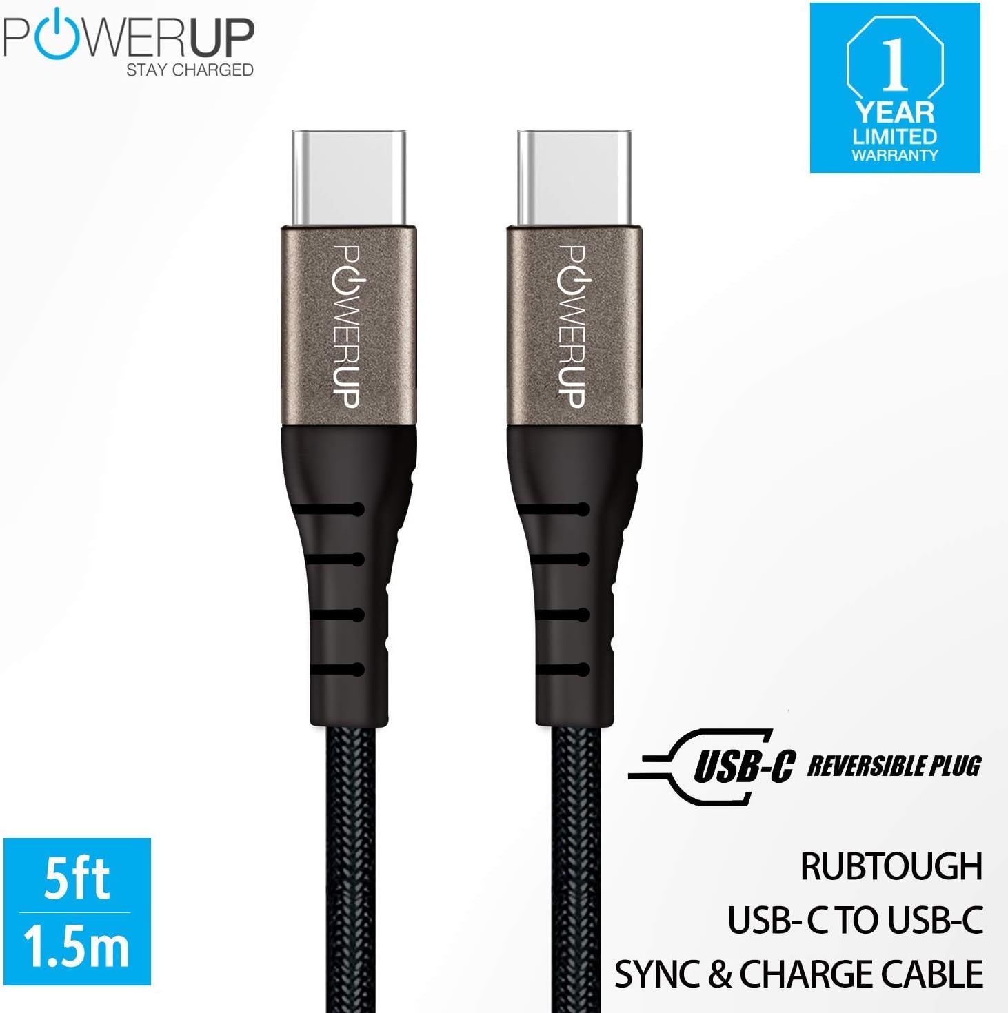 Powerup USB C Cable Hi-Speed Fast Charging USB Type C Cable (1.5 Meters) USB-C to USB-C Compatible with Google Pixel 3/Pixel 2/XL, MacBook, MacBook Pro, Lumia 950/950xl, Nexus 5x/6p and More - Black