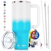 tweevo 40 oz Tumbler With Handle and Straw Made of Stainless Steel - Double Wall Vacuum Insulated Tumbler With Lid - Sweat Proof Easy Grip, BPA-Free, Dishwasher Safe Tumbler (Blue & White)