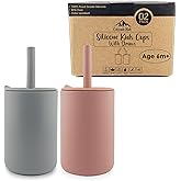 Cascade Kids Silicone Toddler Smoothie Cups with Straw, Unbreakable Training Cup with Straw for Babies and Toddlers for less mess, BPA-Free Silicone Baby cup, 6+ Month, 6oz, 2 pack (Pink/Grey)