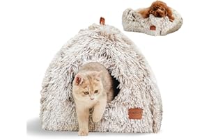 CATISM Cat Bed, Cat Cave for Indoor Cats, Soft Cat Dome, Self-Warming 2 in 1 Foldable Pet Cat House with Washable Cushioned Pillow Calming Fluffy Dog Beds for Small Dogs with Anti-Slip Bottom Brown