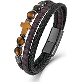 Oskani Mens Leather Cross Bracelet Natural Tiger Eye/Turquoise/Black Onyx Stone Beads Multi-Layer Braided Religious Cuff Bracelets for Men Stainless Steel with Buckle Size(8.26"/9.05")