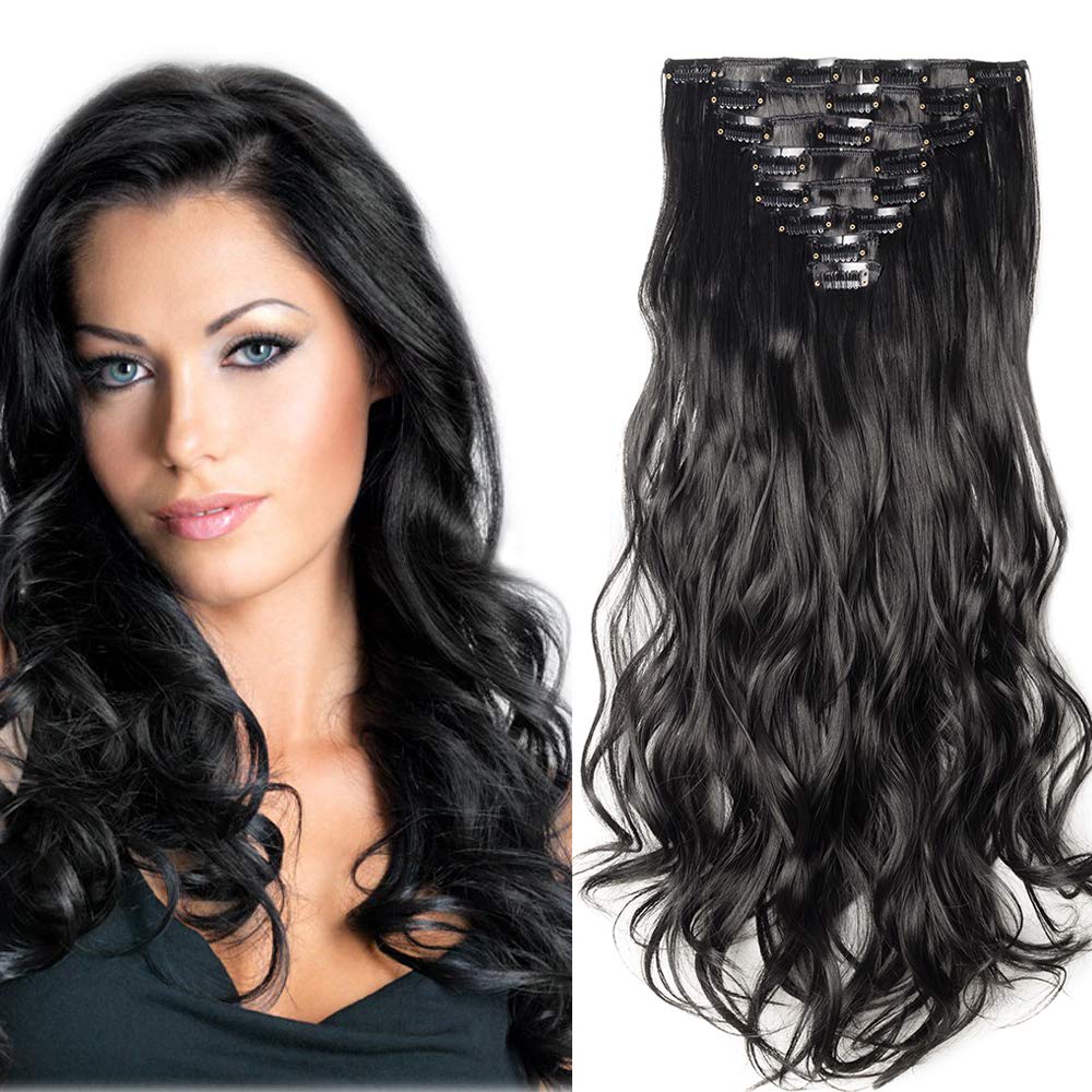 Synthetic Curly Hair Extensions Clip In 8 Pieces Silky 18 Clips Full Head Natural Hairpieces Fibre Hair - Dark Black(Length:17"/43CM)