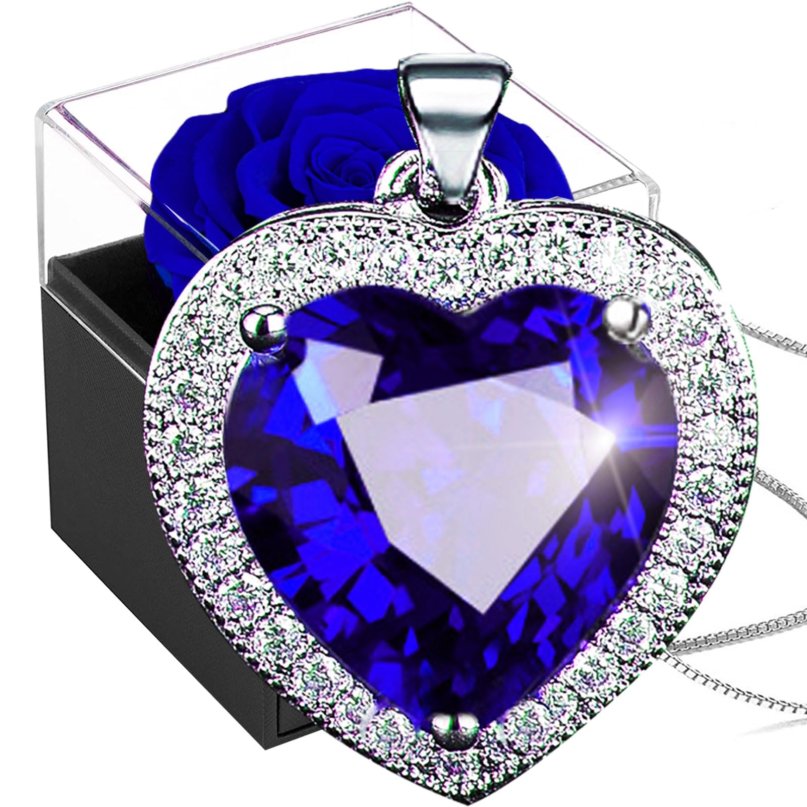 Willuck Preserved Real Rose with Ocean Heart Necklace,Forever Blue Rose with Women Heart Necklace,925 Sterling Silver Sapphire Pendant in Eternal Rosebox,Infinity Gift for Her On Christmas valentine