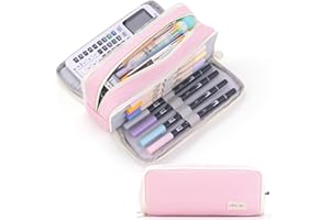 CICIMELON Pencil Pen Case 3 Compartments Pencil Pouch Big Capacity Canvas Pen Bag Gift for Students Girls Boys Adults, Pink