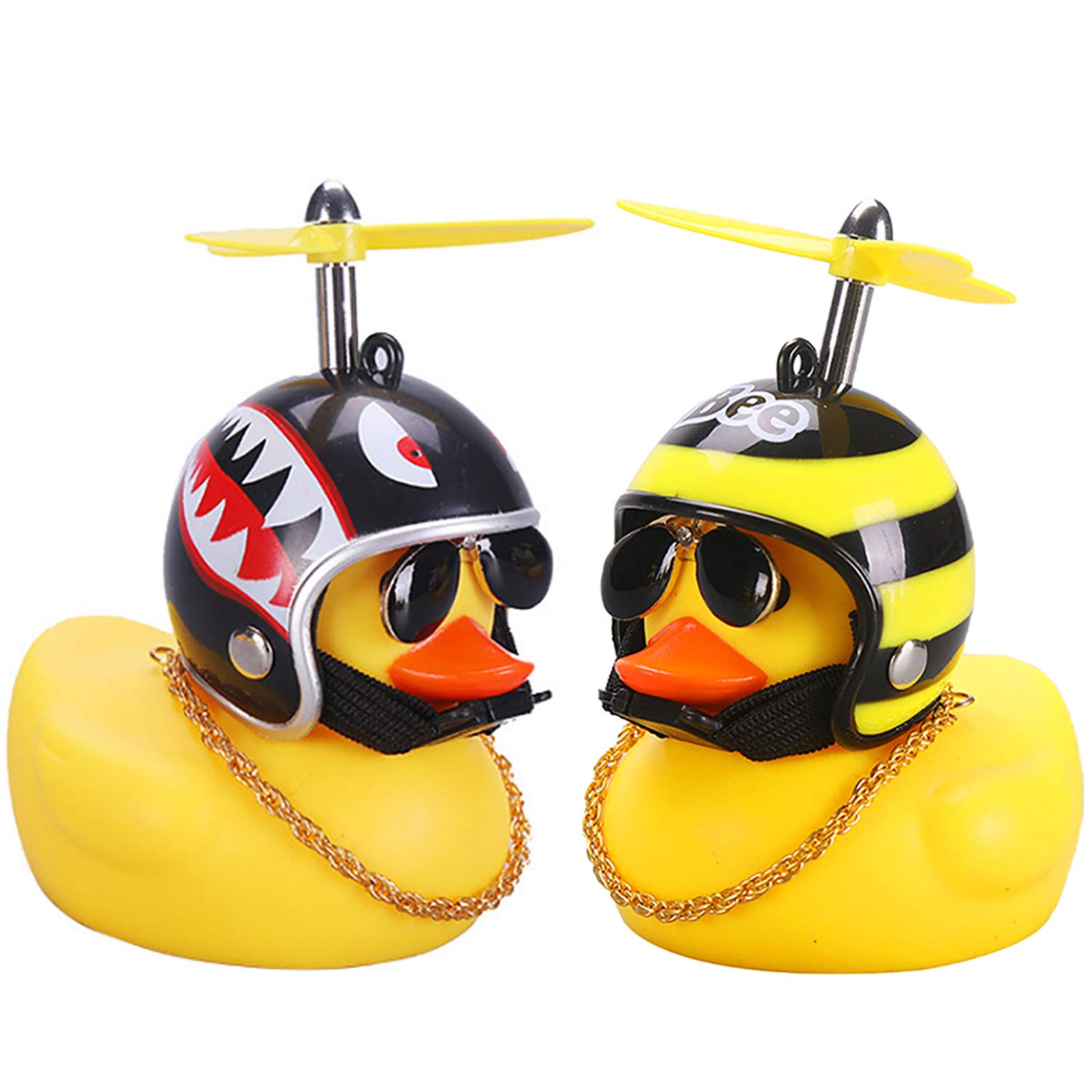 wonuu Rubber Duck Toy Car Ornaments Yellow Duck Car Dashboard Decorations with Propeller Helmet (2Pack-Shark&Bee)