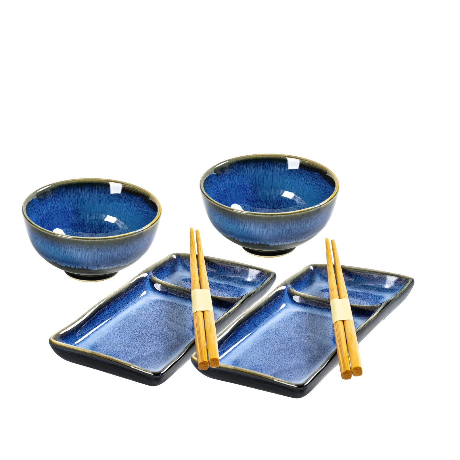 HENXFEN LEAD Sushi Tableware Set, Sushi Set Japanese Tableware for Miso Soup Maki Sushi Rice with 2X Sushi Plates, Bowls, Pair of Chopsticks, Navy Blue