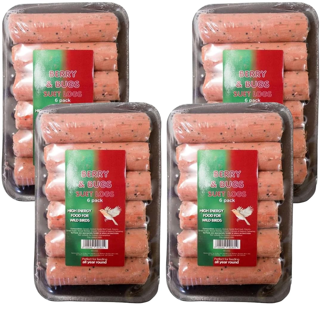 The Bramble Bay Extra Select Suet Logs Berry & Bugs 6 count each | Enticing Fruity Treat for Garden Birds | Pack of 4 | Total of 24 Suet Logs