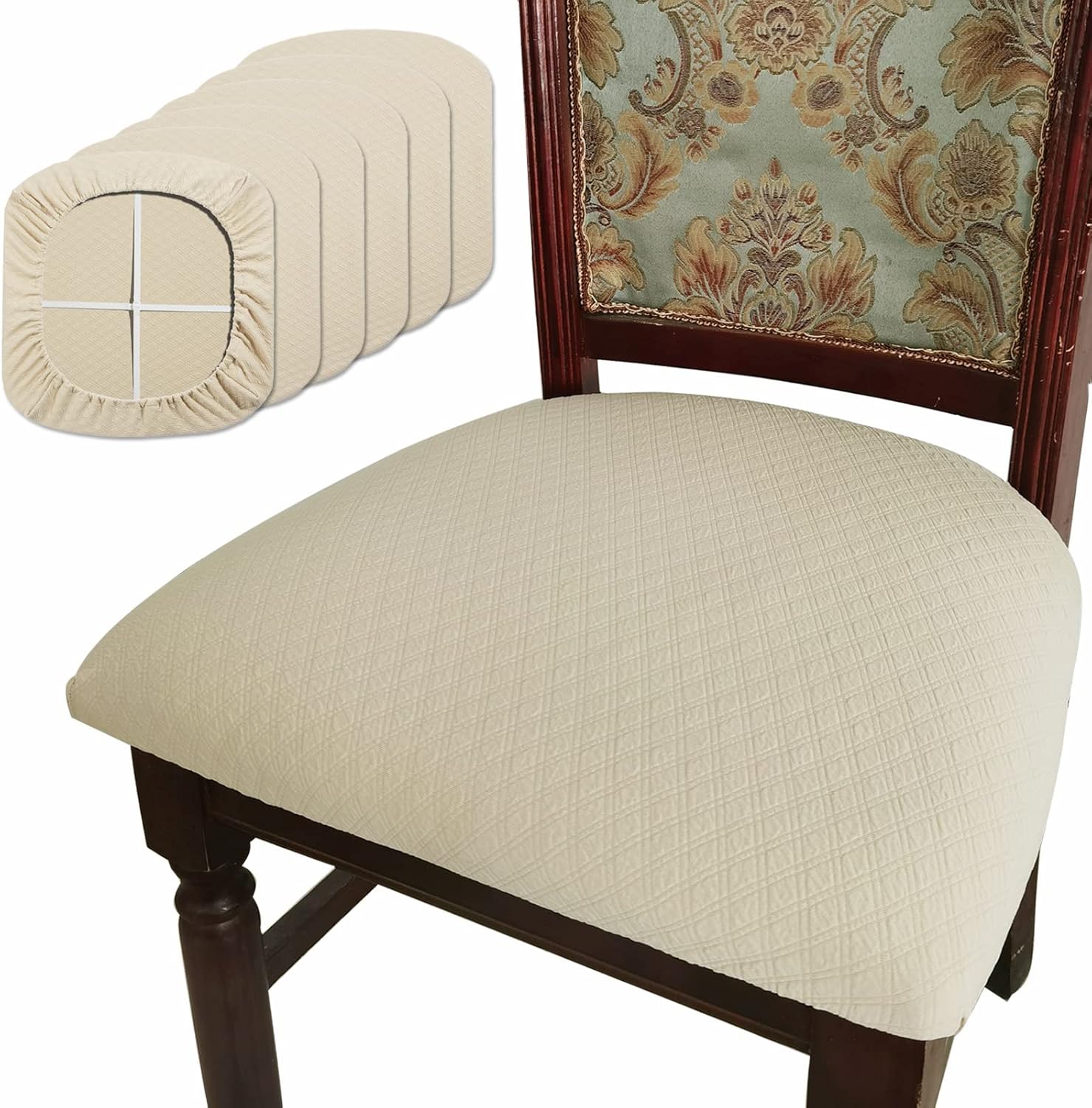 Slipcovers - BUYUE Dining Room Chair Seat Covers Set of 6, Luxury Jacquard Fabric Stretch Washable Slipcover for Kitchen Seat Cushions, Beige-6PCS