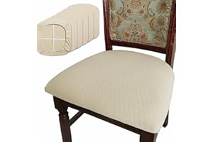 BUYUE Dining Room Chair Seat Covers Set of 6, TPU not Mixed, Friendly Jacquard Fabric Stretch Washable Slipcover for Kitchen Seat Cushions, Beige-6PCS