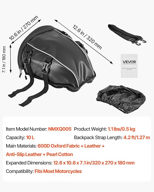 Borsa Posteriore per Moto, Espandibile da 10 L con Copertura Antipioggia Impermeabile, Borsa da Viaggio per Bagagli per Sportivi all'Aria Aperta, Zaino con Tracolle, Tasca, Nero