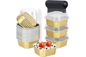 LNYZQUS Large Cupcake Liners Aluminum Pans With Lids 40 Pack, Square 10oz Small Cake Muffin Tin,Disposable Ramekins Baking Pan Containers For Brownie Mini Cake Bread Dessert-Gold